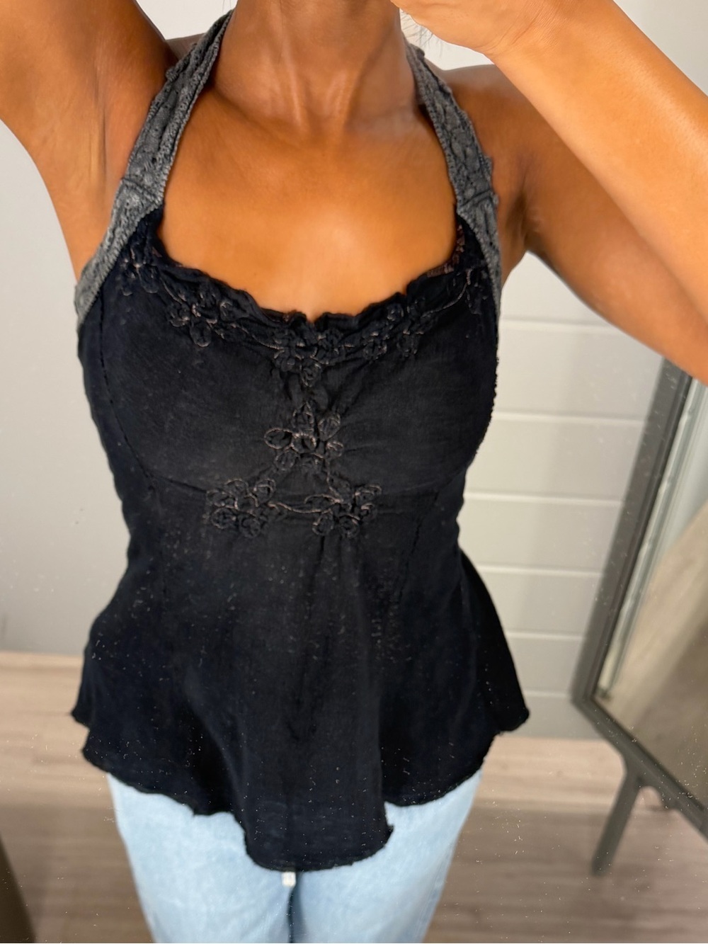 Free People Black Halter Lace-Trim Peplum Camisole